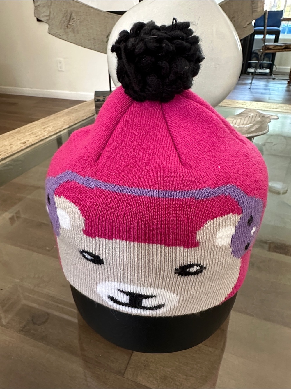 Columbia Pink Bear Knit Pom Pom Hat with Black Pom